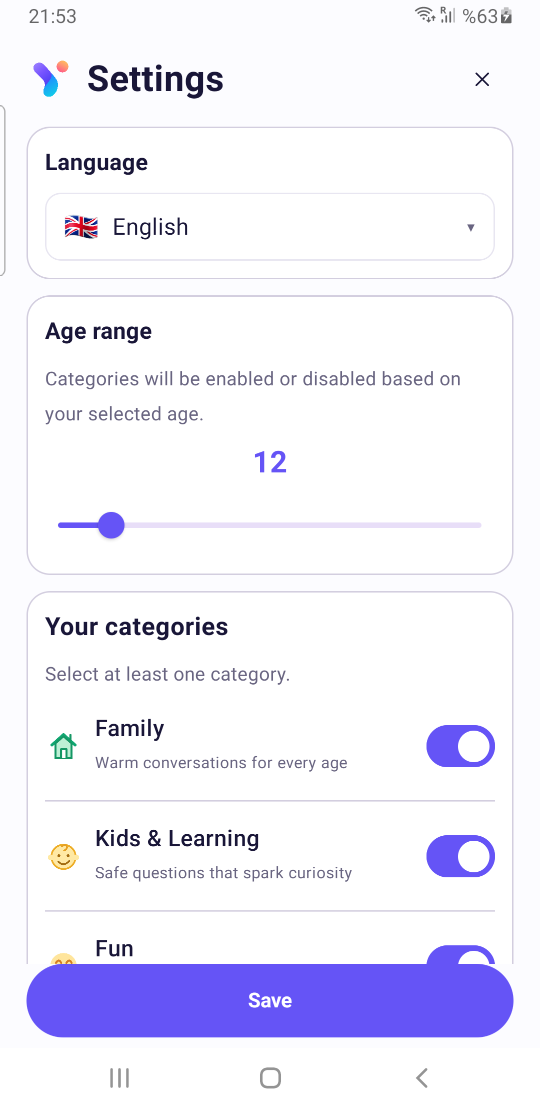 Yuno settings screen